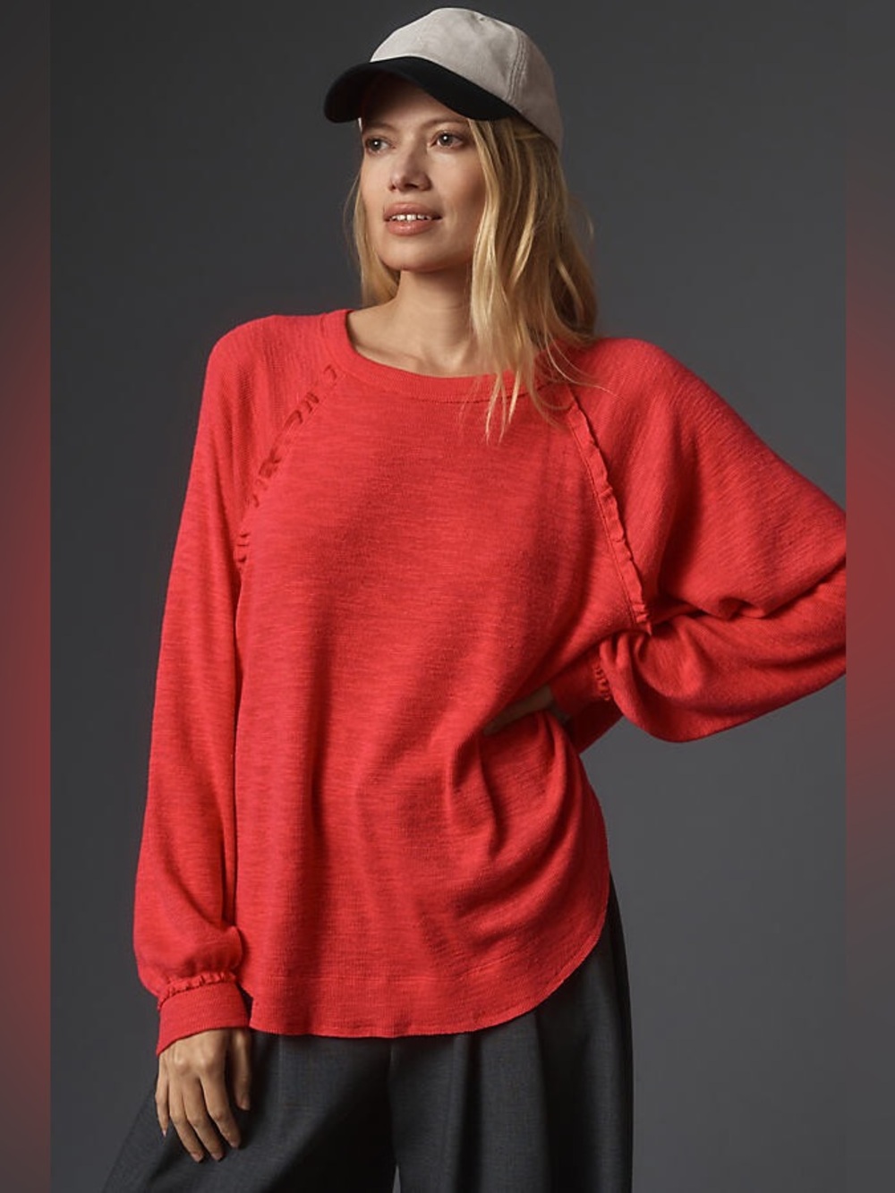 PILCRO Anthropologie Ruffled Oversized Raglan Thermal Top